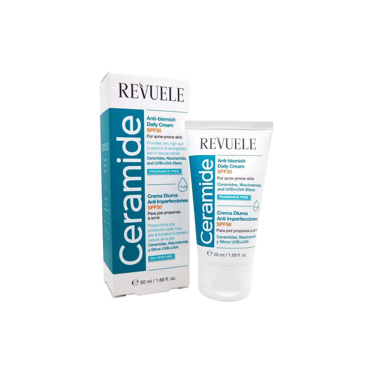 CERAMIDE CREMA HIDRATANTE FACIAL ANTI IMPERFECCIONES SPF50 - REVUELE