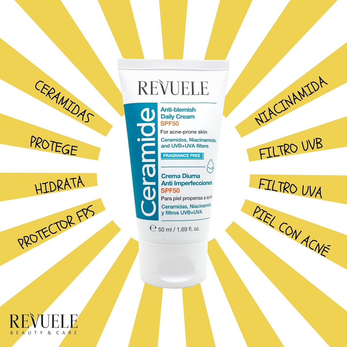CERAMIDE CREMA HIDRATANTE FACIAL ANTI IMPERFECCIONES SPF50 - REVUELE