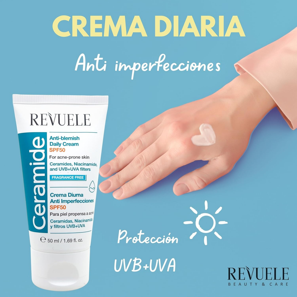 CERAMIDE CREMA HIDRATANTE FACIAL ANTI IMPERFECCIONES SPF50 - REVUELE